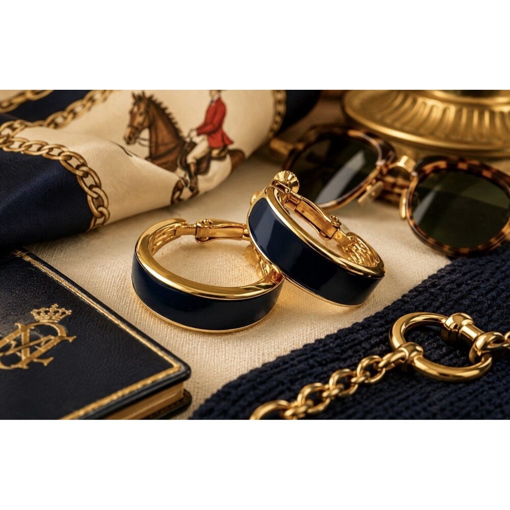 Vintage Napier Navy Blue Enamel Hoop Earrings Gold Tone Screw Back 1980s